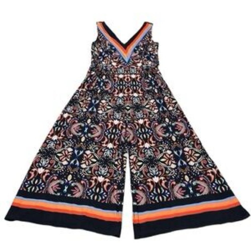 Vince Camuto Navy and Orange Patterned Jumpsuit